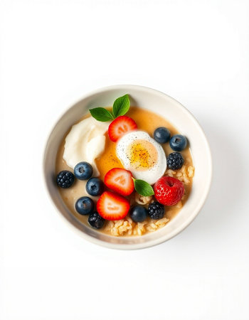 Bowl of oatmeal with berries and egg isolated on white backgroundの写真素材