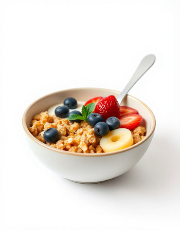 bowl of muesli with fresh berries and mint on white background