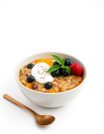Oatmeal porridge with berries isolated on white background