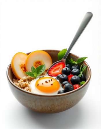 Breakfast with oatmeal, berries and egg on a white backgroundの写真素材
