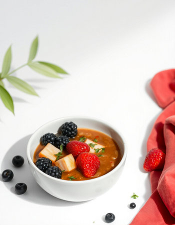 Oatmeal porridge with berries in a bowl on a white background