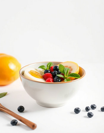 Healthy breakfast bowl with fresh fruit and berries on white background.