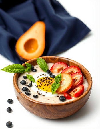 Healthy breakfast with yoghurt, berries and egg in a wooden bowl