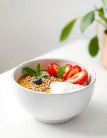 Bowl of oatmeal with fresh berries and yogurt.の写真素材