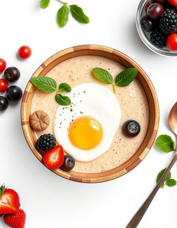 Oatmeal porridge with berries and egg in wooden bowl on white background