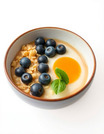 Oatmeal porridge with blueberries and egg yolk in a bowlの写真素材