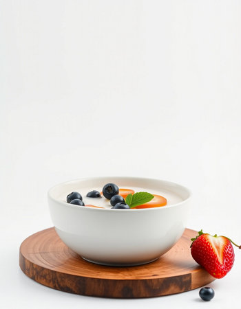 Yogurt with blueberries and strawberries in a white bowl on a wooden boardの写真素材