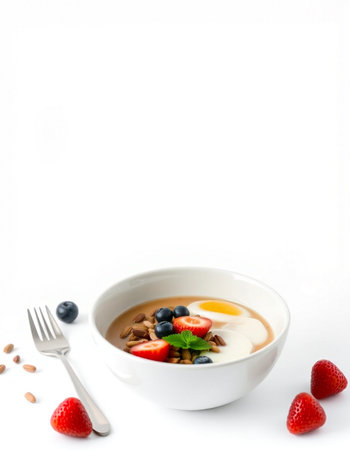 bowl of muesli with strawberries and blueberries on white background