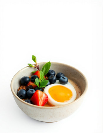 Healthy breakfast with omelette and fresh berries on white background