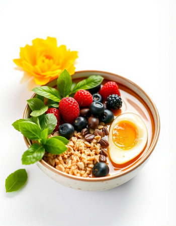 Oatmeal with fresh berries and egg in a bowl on a white background