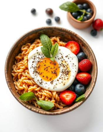 Fried egg with noodles and fresh berries in bowl on white backgroundの写真素材
