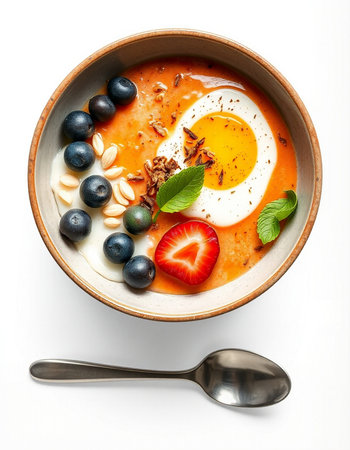 Healthy breakfast bowl with yogurt, berries and egg on white background