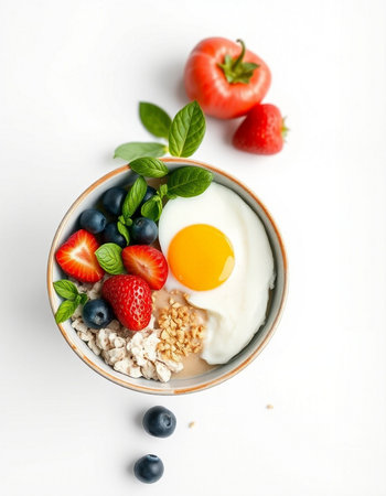 Healthy breakfast with oatmeal, yogurt, berries and egg on white background