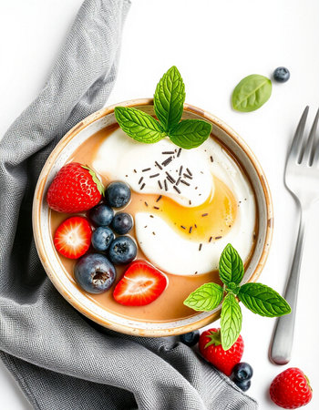 Panna cotta with strawberries and blueberries on a white background