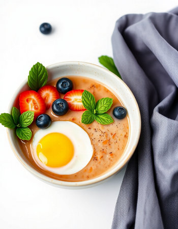 Creamy porridge with strawberries, blueberries and egg.