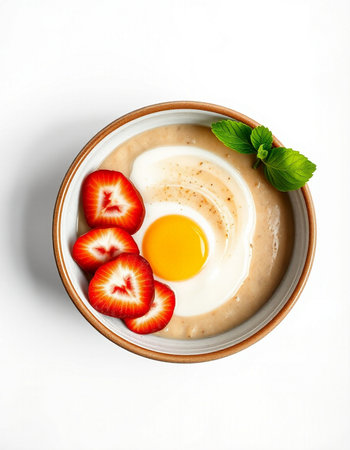 bowl of oat porridge with strawberries and egg on white backgroundの写真素材