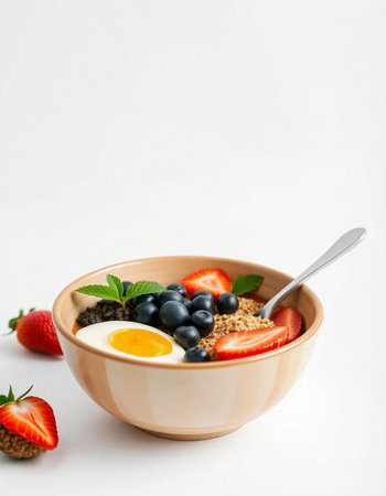 Oatmeal with fresh berries and egg in a bowl on white background