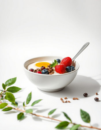 Healthy breakfast with yogurt, berries and granola on white background