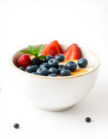 Bowl with fresh berries on white background. Shallow dof.の写真素材