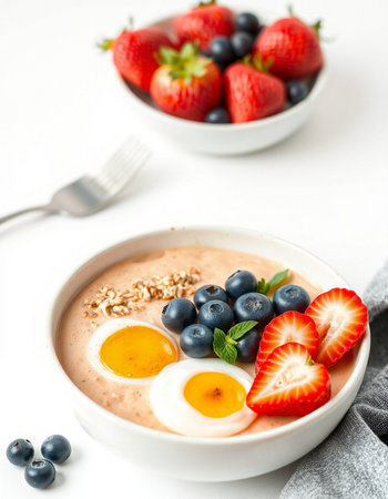 Healthy breakfast bowl with oatmeal, fresh berries and eggs on white background