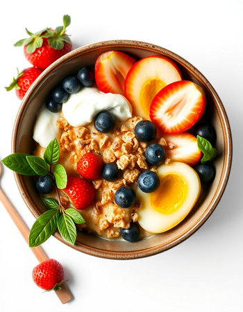 Healthy breakfast bowl with oatmeal, berries and eggs on white background