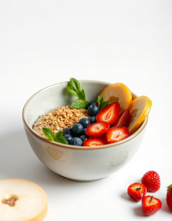 Healthy breakfast bowl with oatmeal, berries and fruits on white background