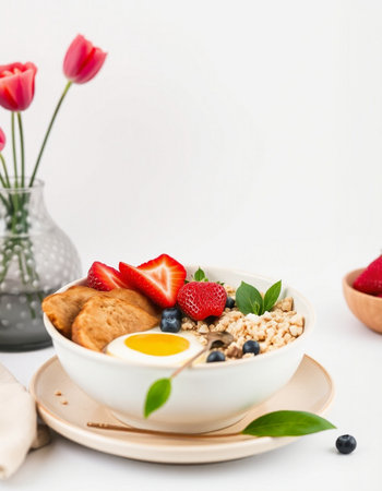 Healthy breakfast with oatmeal, berries and eggs on white background