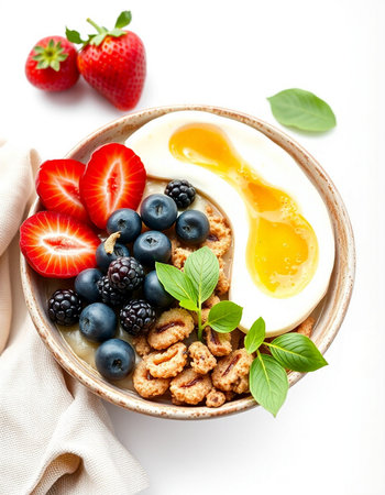 Healthy breakfast bowl with oatmeal, berries, eggs and honeyの写真素材