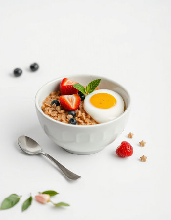Bowl of oatmeal with fresh berries and egg on white background