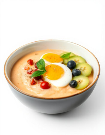 Tomato soup with egg in bowl isolated on white backgroundの写真素材