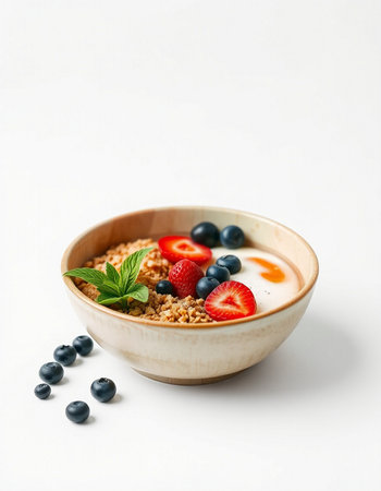 bowl of muesli with fresh berries and yogurt on white backgroundの写真素材