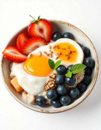 Bowl of oatmeal with strawberries, blueberries and egg on white backgroundの写真素材