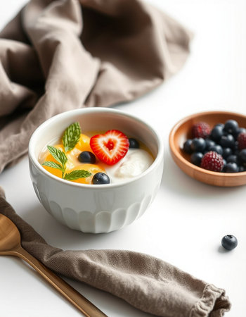 yogurt with fresh berries in bowl on white table, closeup