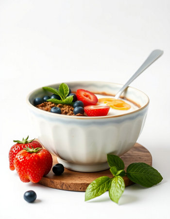 Breakfast with yogurt, fresh berries and muesli on white background