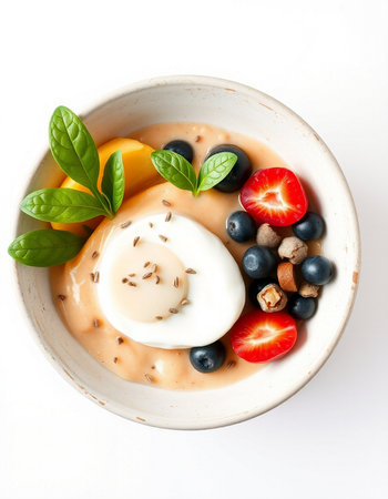 yogurt with fresh berries and poached egg on white backgroundの写真素材