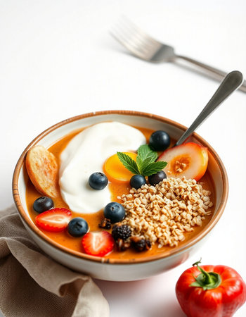 Breakfast bowl with berries and yoghurt on white background