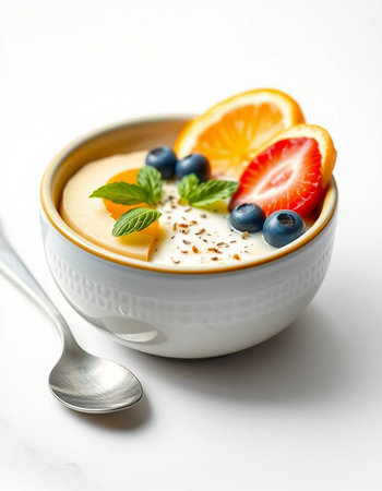 bowl of oatmeal porridge with berries and mint on white backgroundの写真素材