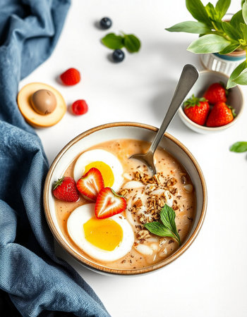 Bowl of oatmeal porridge with fresh strawberries, yogurt and granola on white background