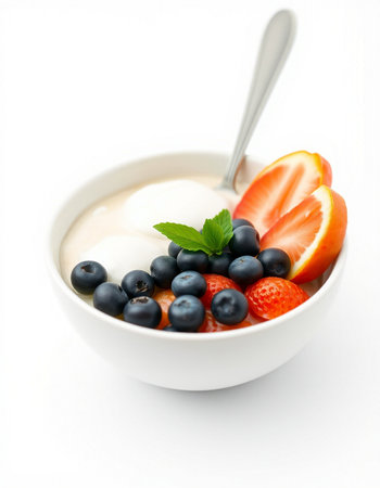 yogurt with berries in a bowl isolated on a white backgroundの写真素材