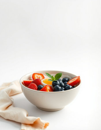 Fresh fruit salad with strawberries and blueberries in a bowl on white background