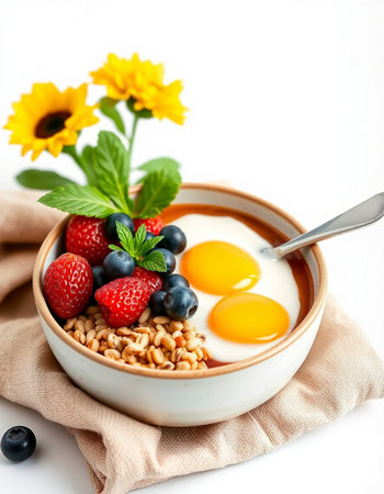 Breakfast with oatmeal, berries and eggs on white background.