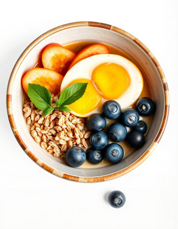 Bowl of oatmeal porridge with blueberries and peach isolated on white backgroundの写真素材