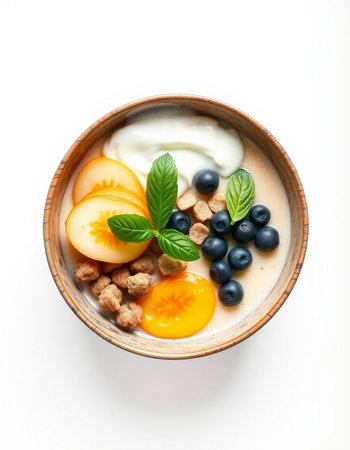Bowl of yogurt with berries isolated on white backgroundの写真素材