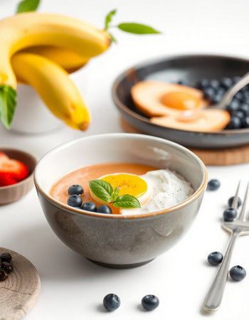 Healthy breakfast bowl with fresh berries, egg and omeletの写真素材