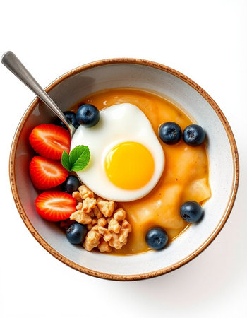 Bowl of oatmeal porridge with egg and berries isolated on white background