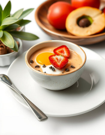 Bowl of creamy soup with an egg and strawberries on a white background.の写真素材