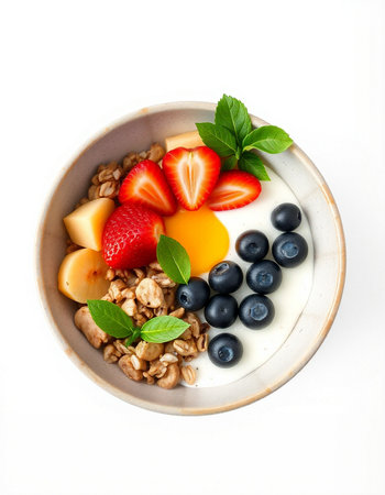 Healthy breakfast with muesli and fruits isolated on white backgroundの写真素材