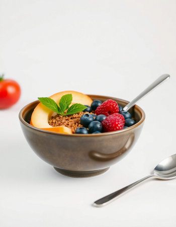 Oatmeal with fresh berries in a bowl on a white backgroundの写真素材