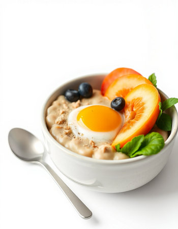 Oatmeal porridge with egg and fresh fruits on a white background