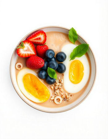 Bowl of oatmeal porridge with berries and eggs, isolated on white